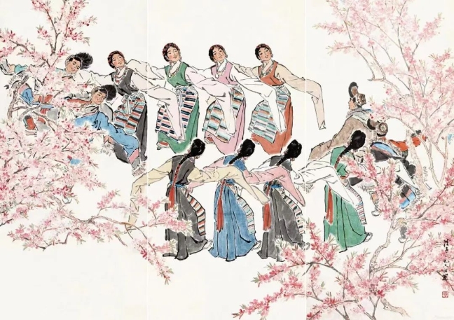 葉淺予高原之春紙本設(shè)色211cm×98cm、211cm×105cm、211cm×98cm1964年